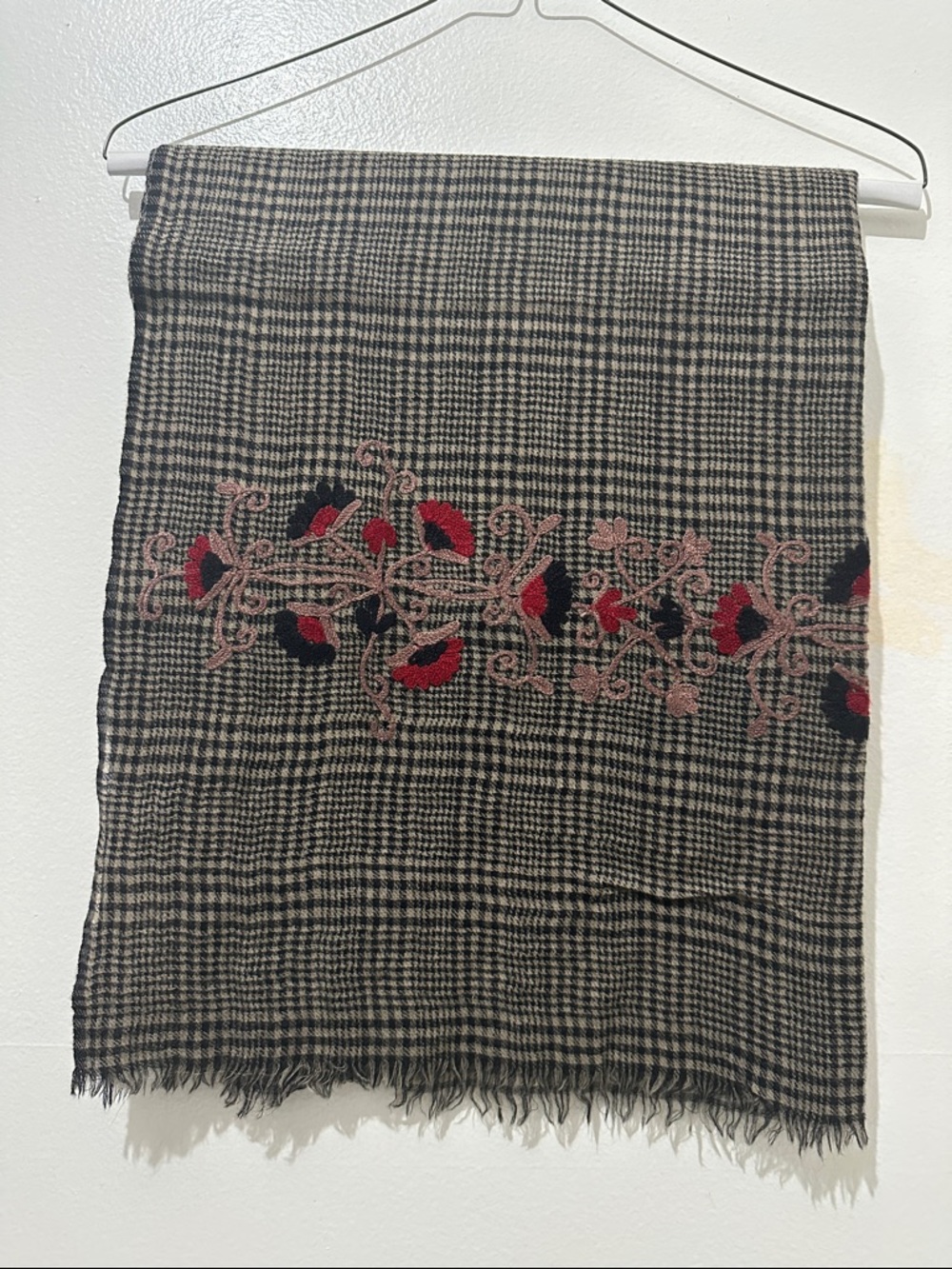 100% Wool Checked Scarf with Red & Pink Embroidery